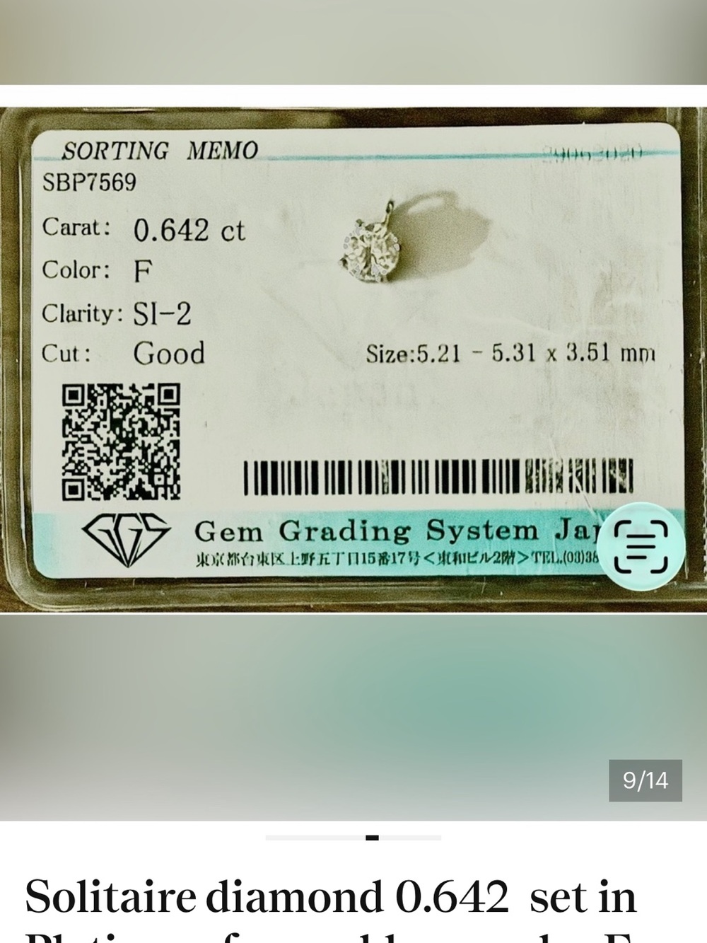 Solitaire Diamond Pendant 0.642 ct SI-2 Clarity - platinum with Gia report